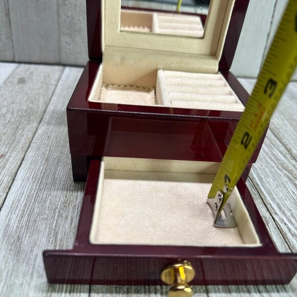 Vtg Burgandy Solid Wood Single Drawer Hinge Jewelry Box With Mirror 4" x 3.5" - Picture 6 of 10